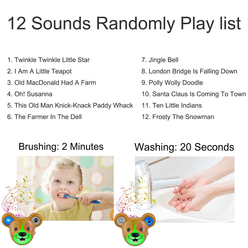 LUXSWAY Cute Animal Toothbrushing Timer with Musical Volume, 2 Minute Kid for Toothbrushing, 20 Seconds Wash Hand Training Games, Rechargeable Colored Led Light Visual Timer- Dog - Image 2